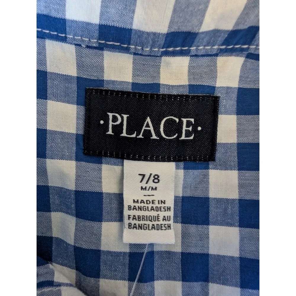 The Childrens Place Boys Blue Gingham Short Sleeve Button Down Shirt‎ Size 7/8 M